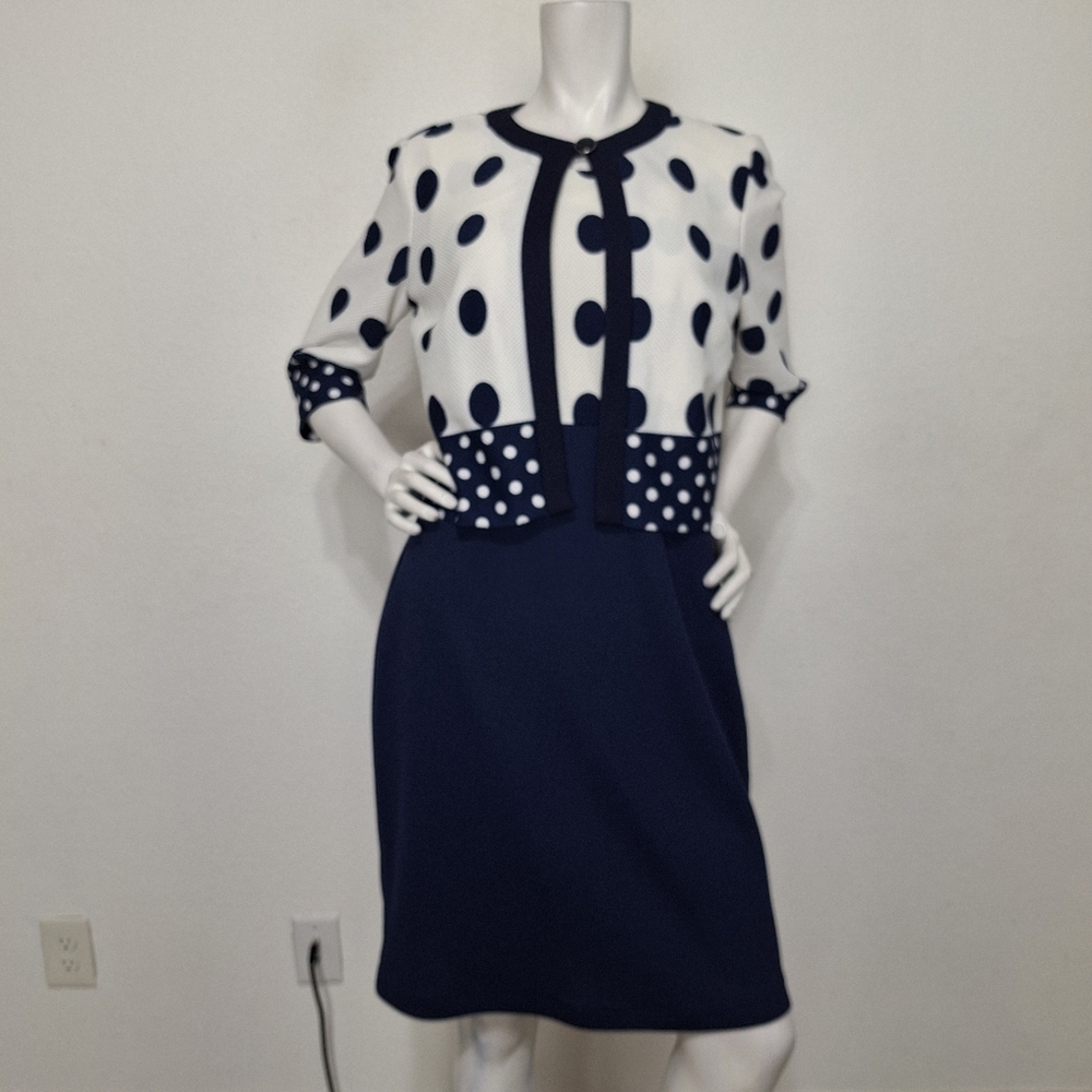 Danny & Nicole Blue White Retro Preppy 3/4 Dress and Jacket 2 Piece Set Size 10